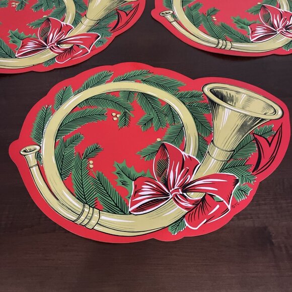Vintage Town & Country Vinyl Christmas Placemats Red French Horn Bow Set Of 5 - Picture 2 of 8